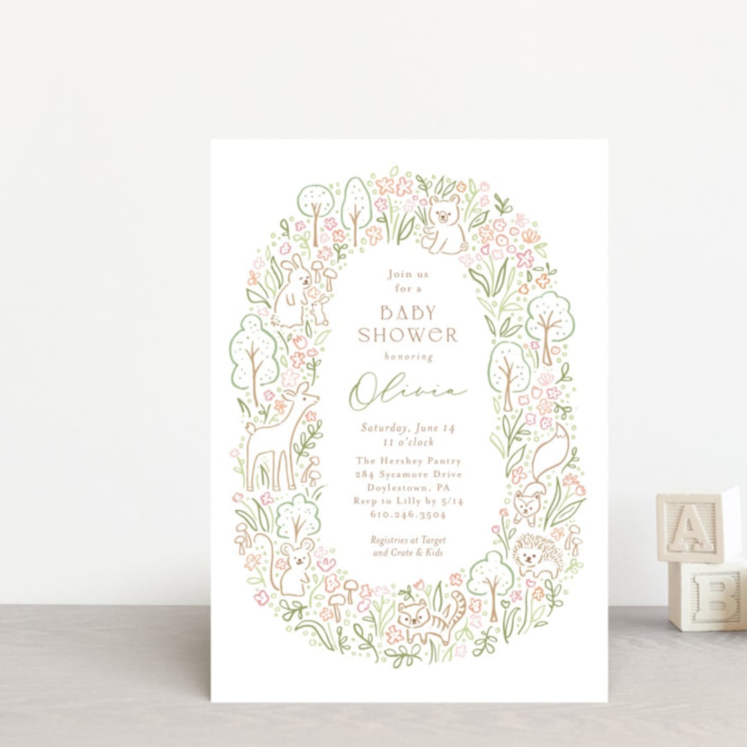 "Woodland Beginnings" - Baby Shower Invitations in Watermelon by Jennifer Wick - Front