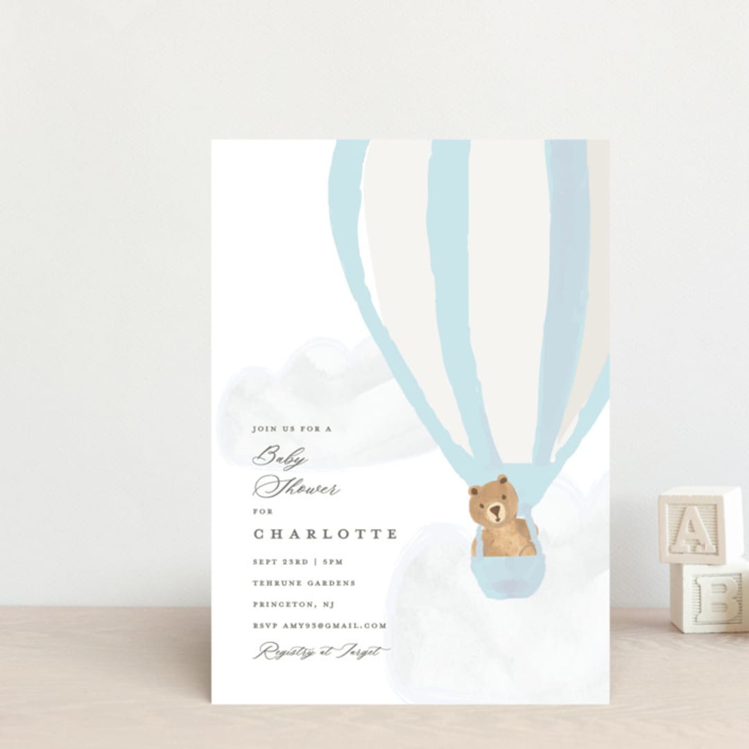 "Hot Air Balloon Bear" - Baby Shower Invitations in Blue Berry by Teju Reval - Front