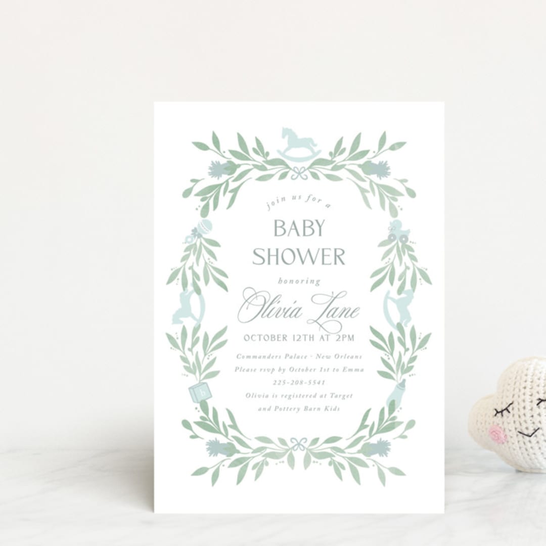 "Baby Shower Wreath" - Baby Shower Invitations in Celeste by Melinda Denison - Front