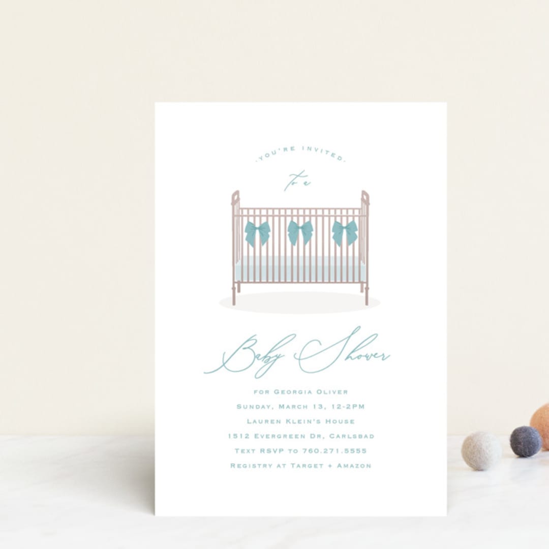 "Crib Bows" - Baby Shower Invitations in Powder Blue by Carolyn MacLaren - Front