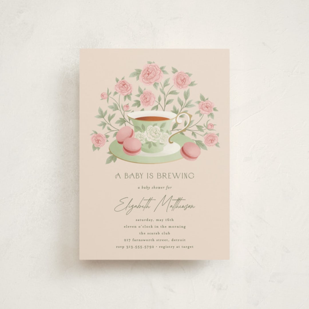 "A Baby Is Brewing" - Baby Shower Invitations in Framboise by Jamie Alexander - Front