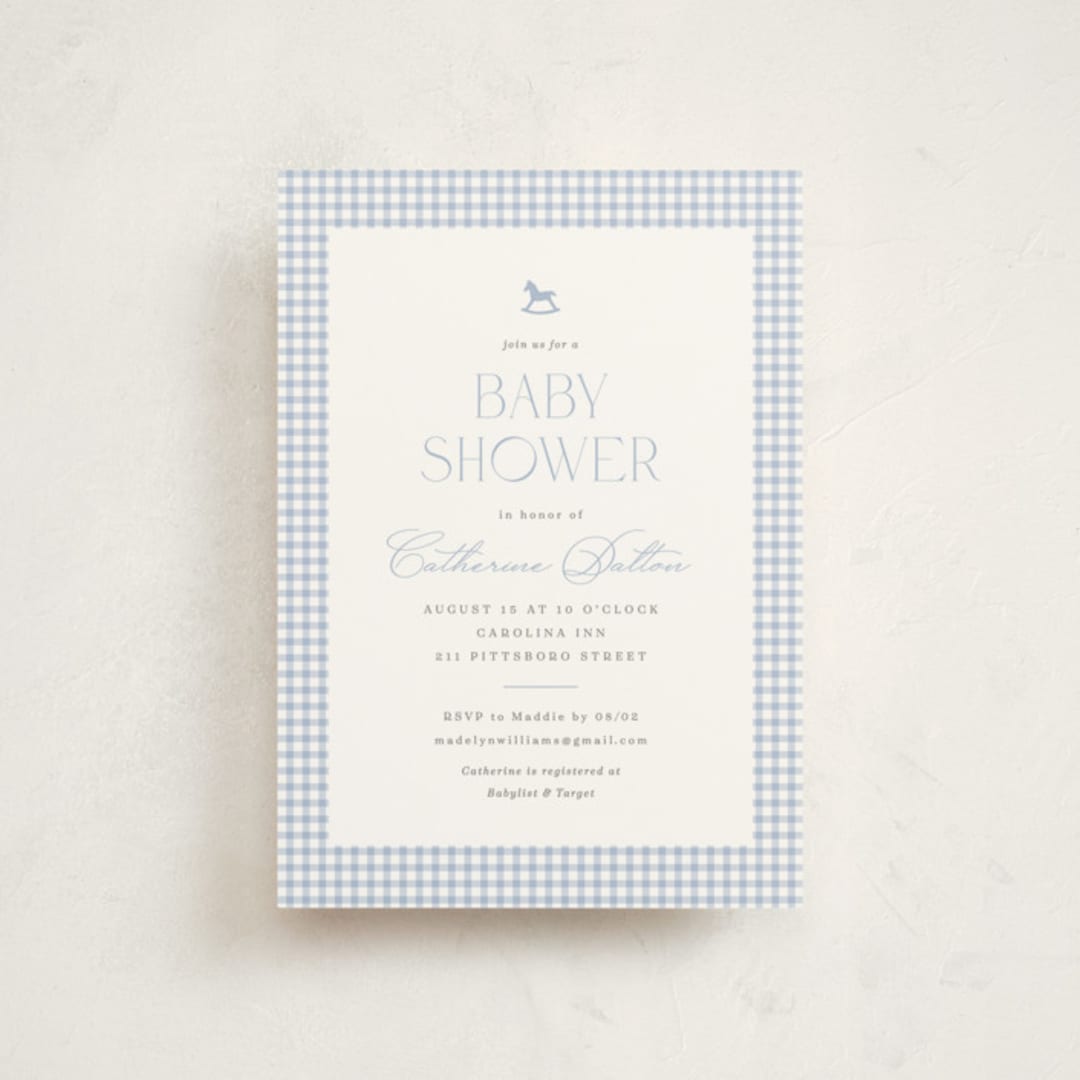 "Gingham Rockinghorse" - Baby Shower Invitations in Baby Blue by Olivia Raufman - Front