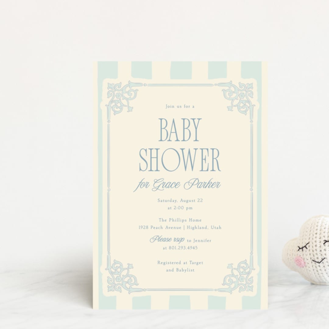 "French Frame" - Baby Shower Invitations in Powder by Robert and Stella - Front