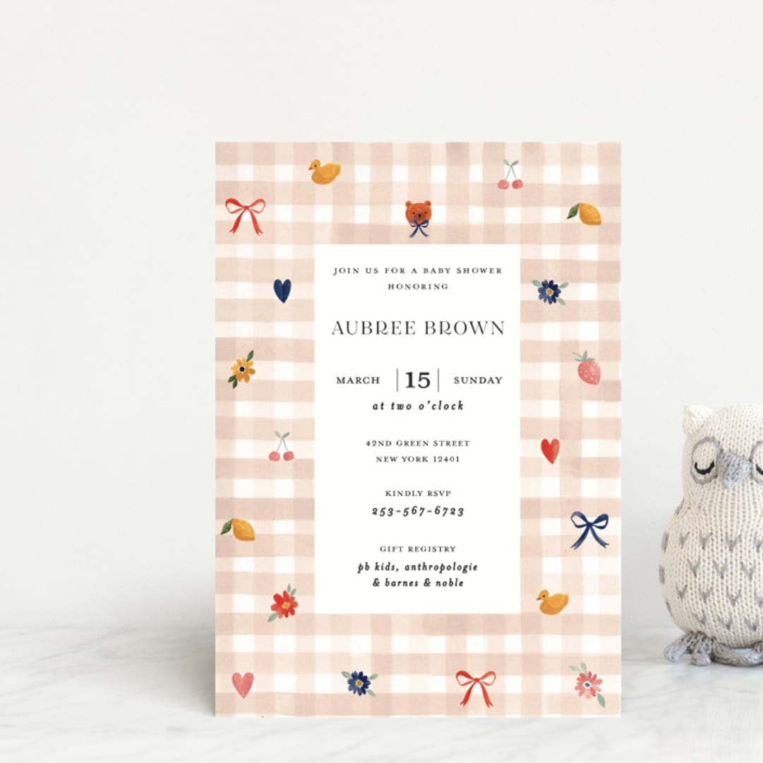 "Gingham" - Baby Shower Invitations in Shortbread by Sarah Knight - Front