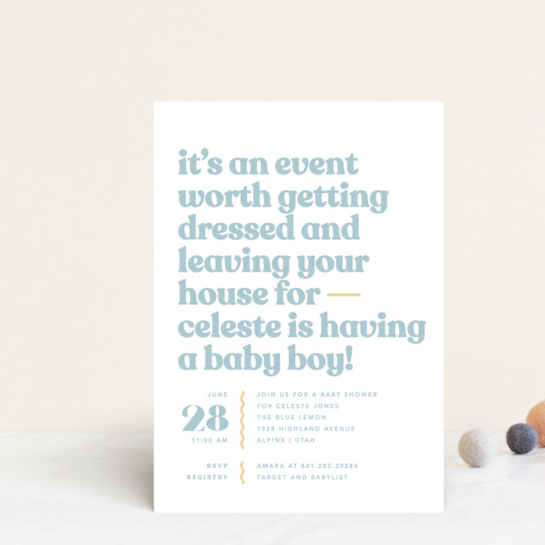 "It's An Event" - Baby Shower Invitations in Ocean by Robert and Stella - Front