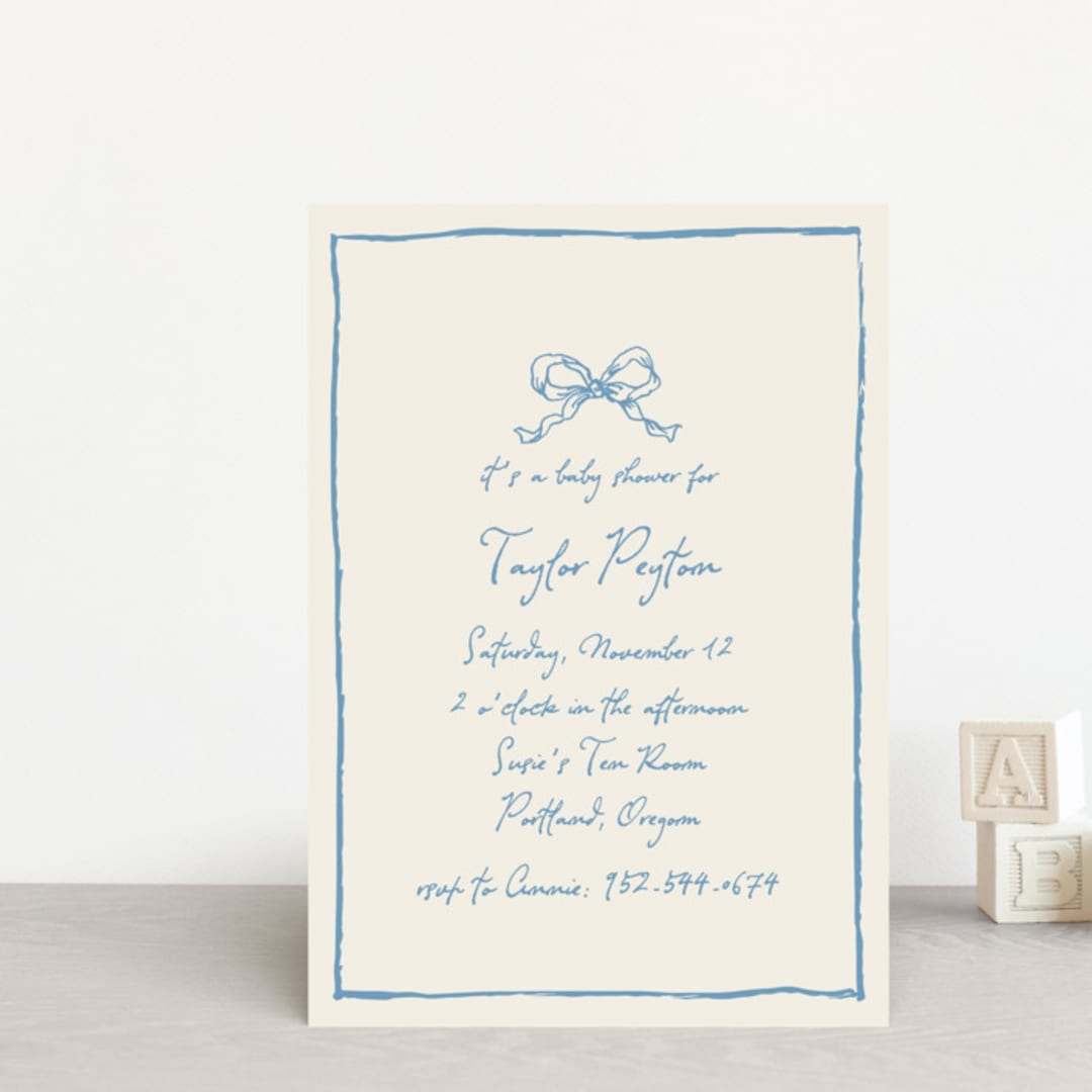 "ribbon bow drawing" - Baby Shower Invitations in Dusty Blue by Cass Loh - Front