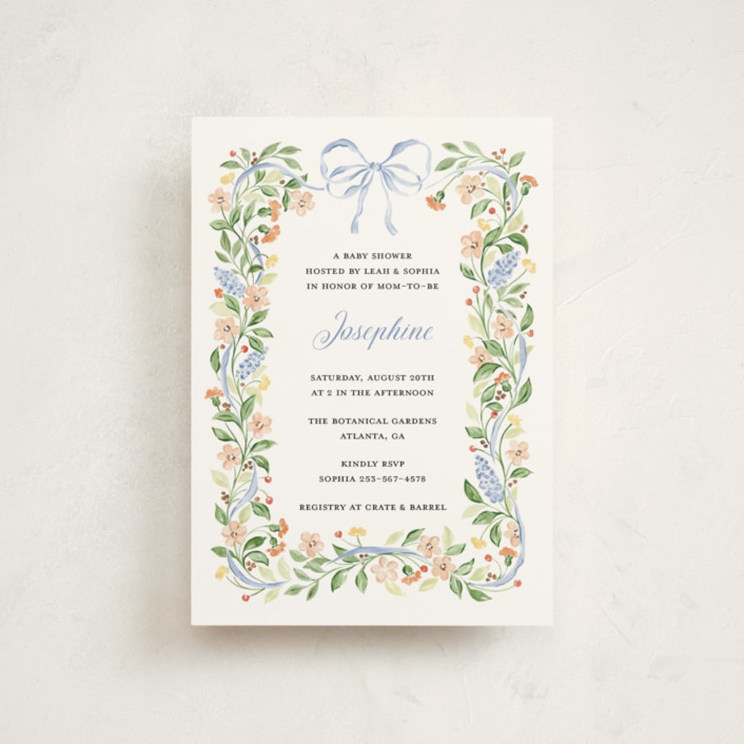 "Garden Ribbon" - Baby Shower Invitations in Bluebell by Sarah Knight - Front