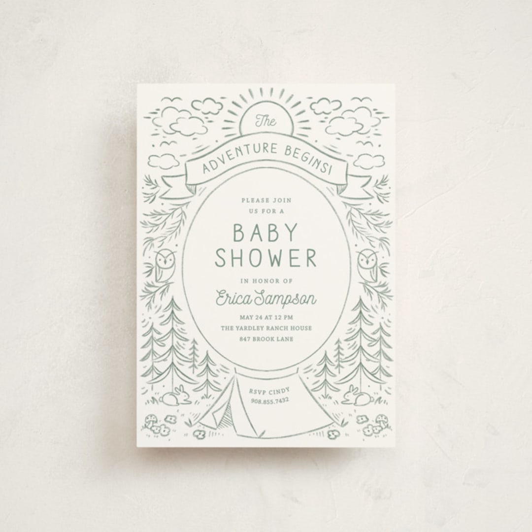 "The Adventure Begins" - Baby Shower Invitations in Sage by Kiersten Garner - Front