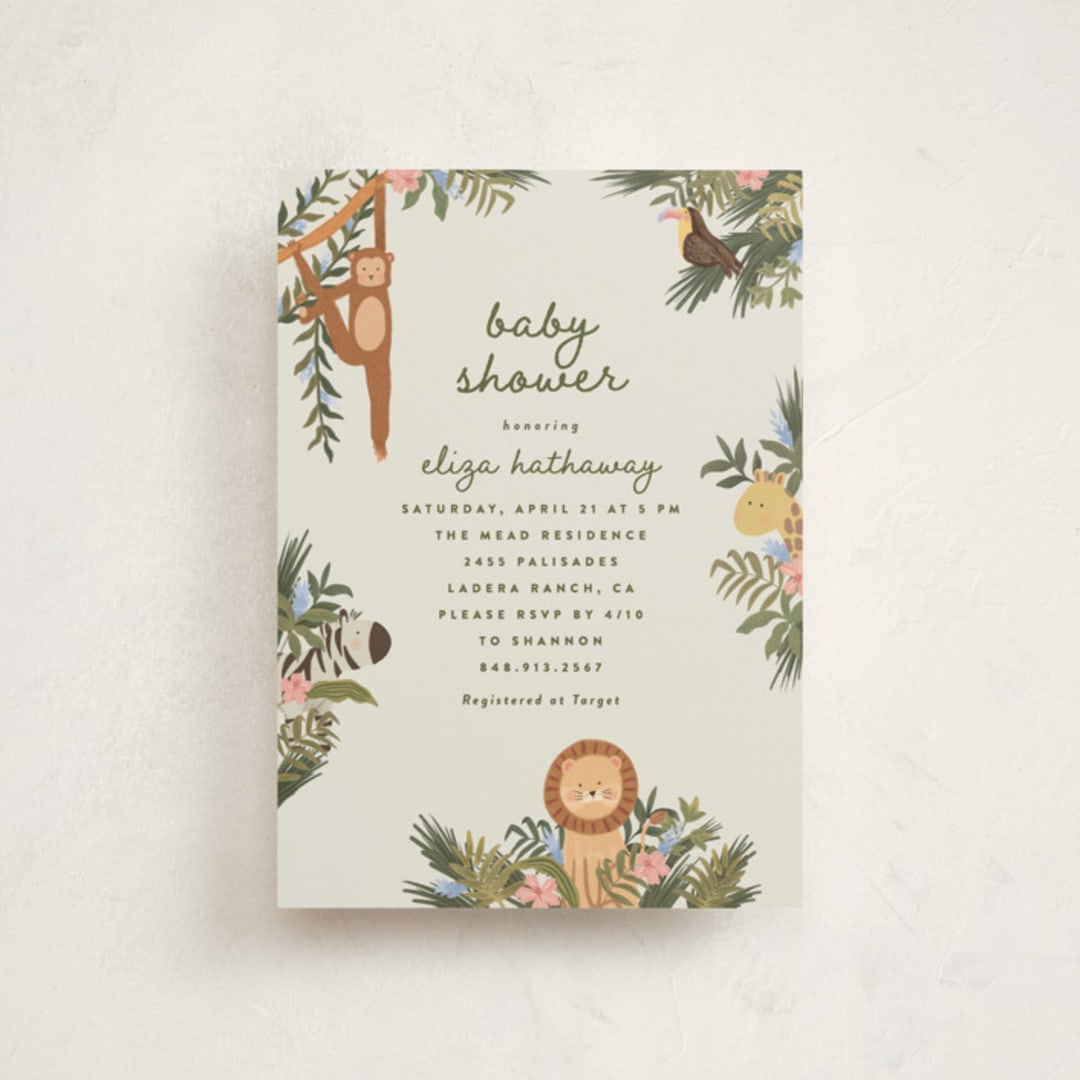 "Jungle Animals" - Baby Shower Invitations in Moss by Joanna Griffin - Front