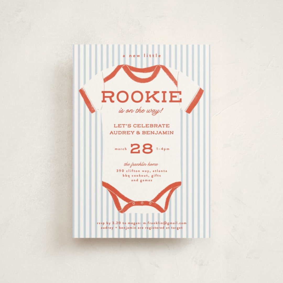 "Rookie Season" - Baby Shower Invitations in Cherry by Paper Raven Co. - Front