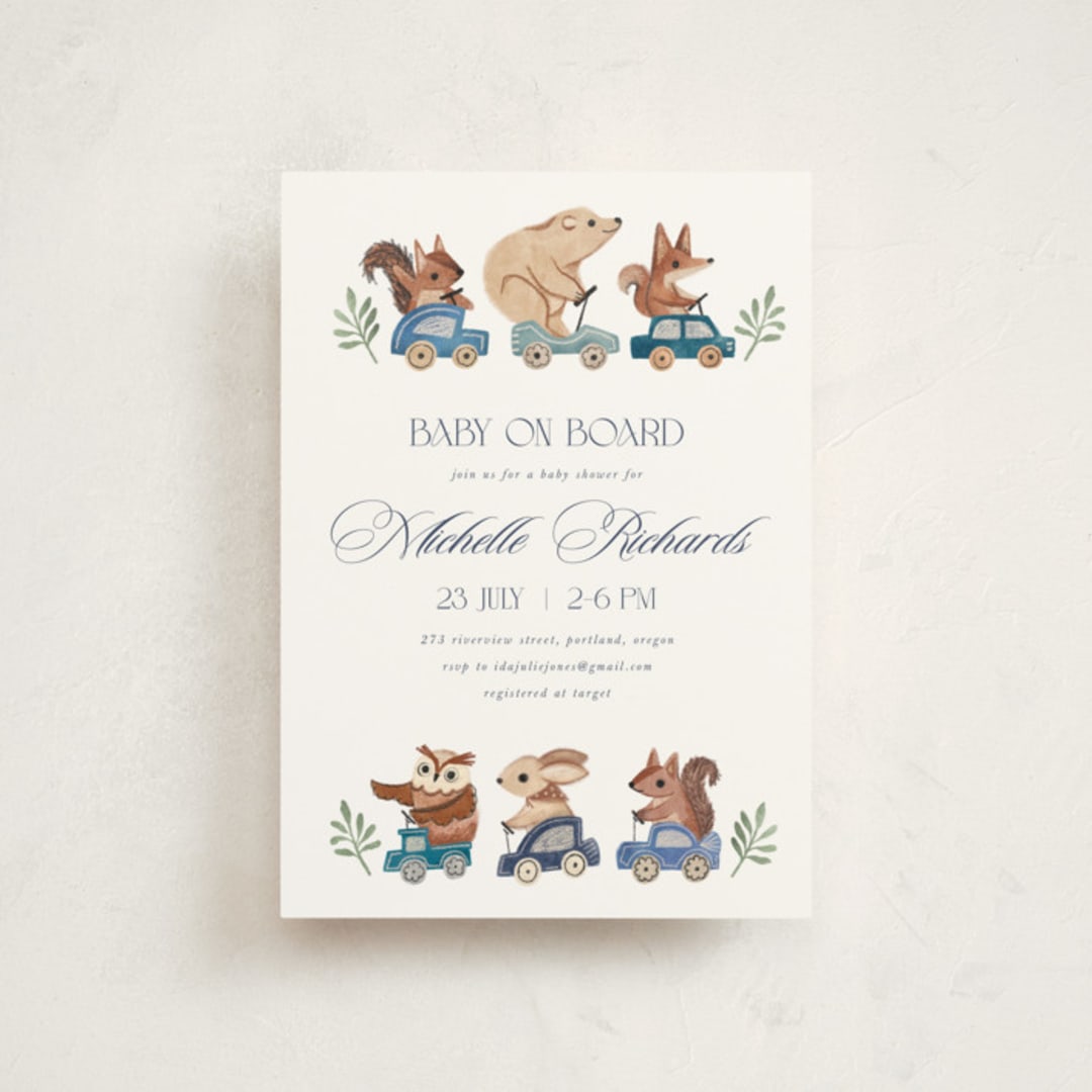 "woodland cars" - Baby Shower Invitations in Navy by Vivian Yiwing - Front