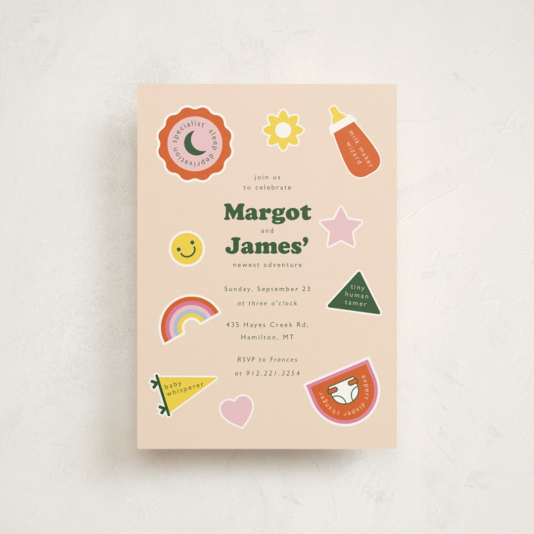 "Scout Badges" - Baby Shower Invitations in Sunshine by Hudson meet Rose - Front