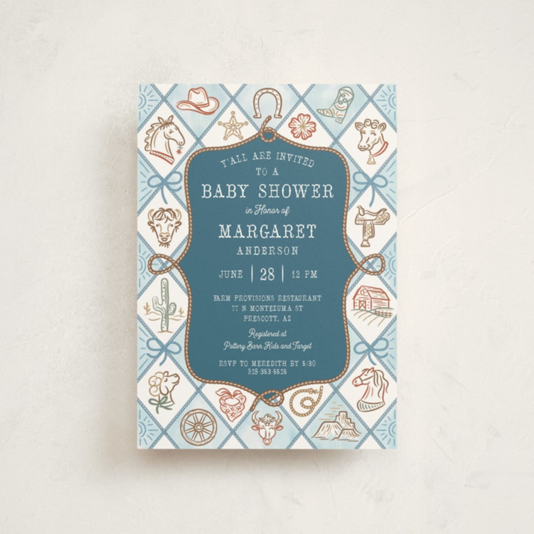 "Cowboy Baby" - Baby Shower Invitations in Denim by Paper Sun Studio - Front