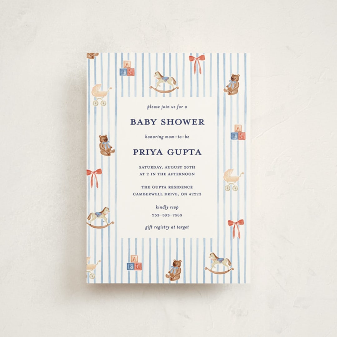 "Pinstripe" - Baby Shower Invitations in Cloud by Sarah Knight - Front