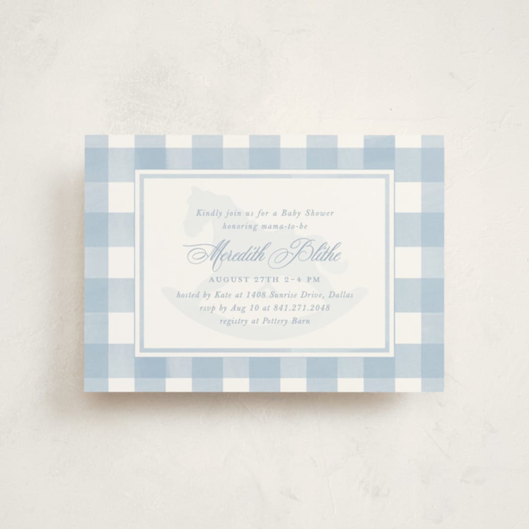 "Classic Gingham" - Baby Shower Invitations in Sky by Melinda Denison - Front