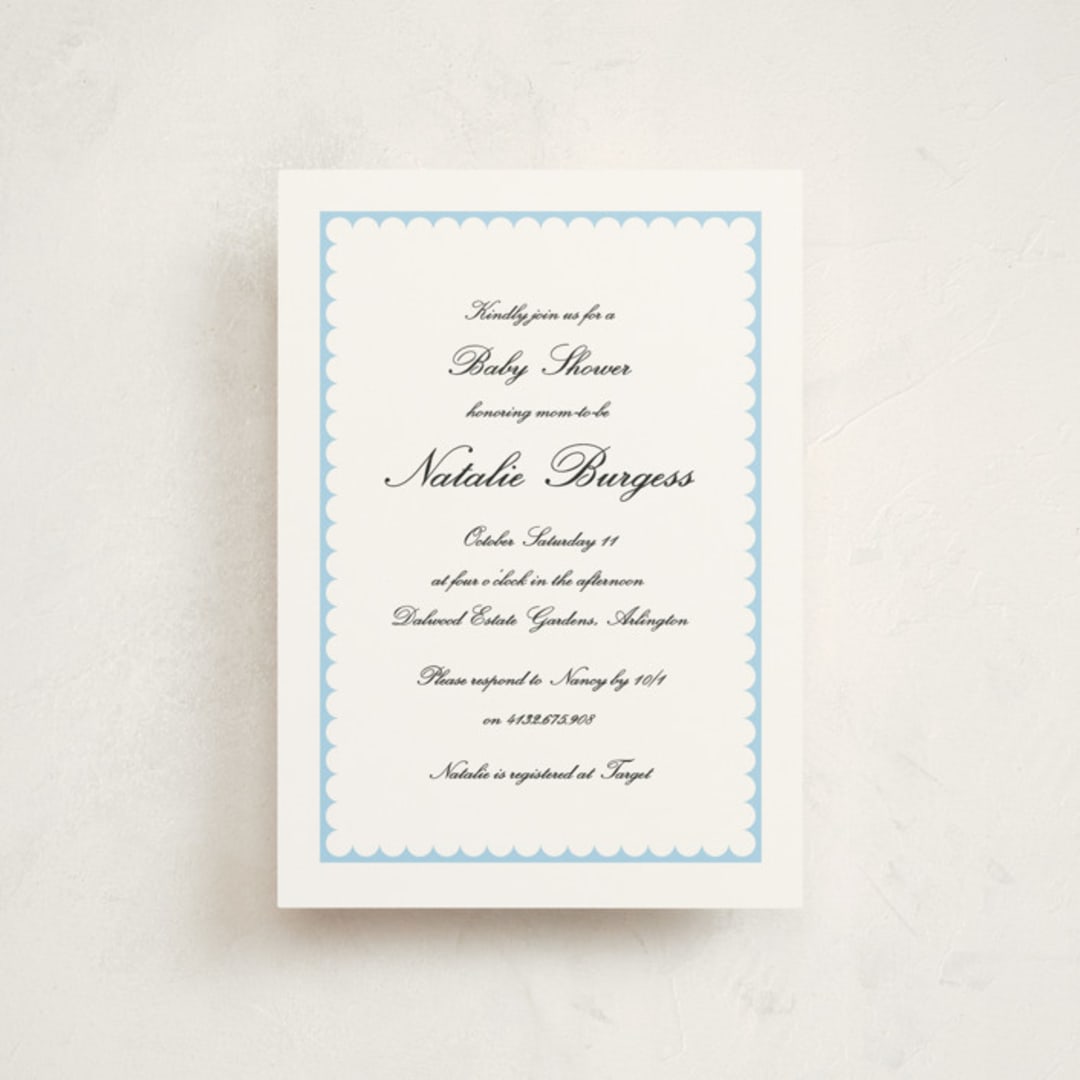 "Sweetly Scalloped" - Baby Shower Invitations in Sky by Catherine Culvenor - Front