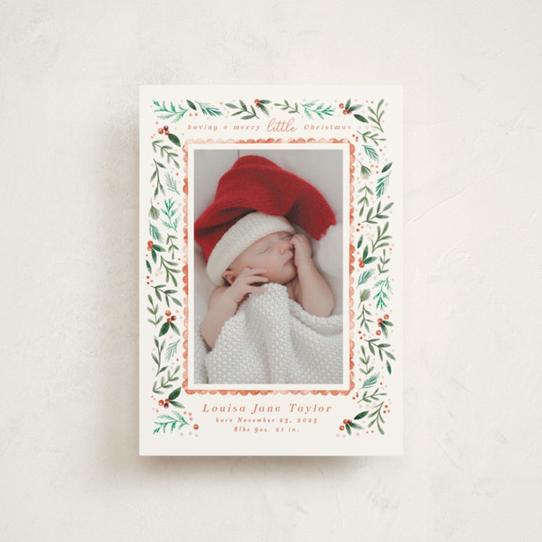"Merry Little Christmas Greenery" - Holiday Birth Announcement Cards in Tangerine by Alethea and Ruth - Front