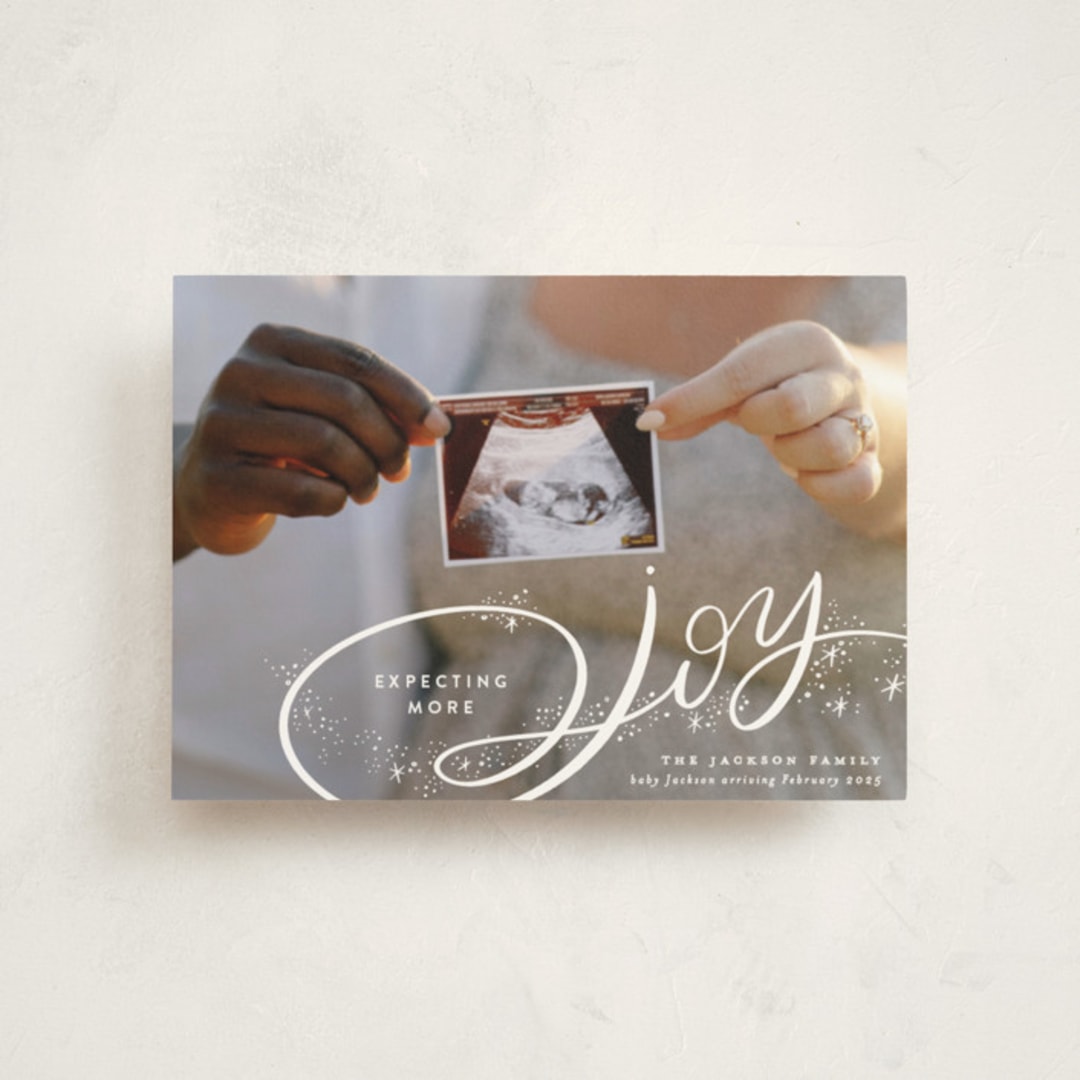 "Expecting More Joy" - Holiday Birth Announcement Cards in Starlight by Alethea and Ruth - Front