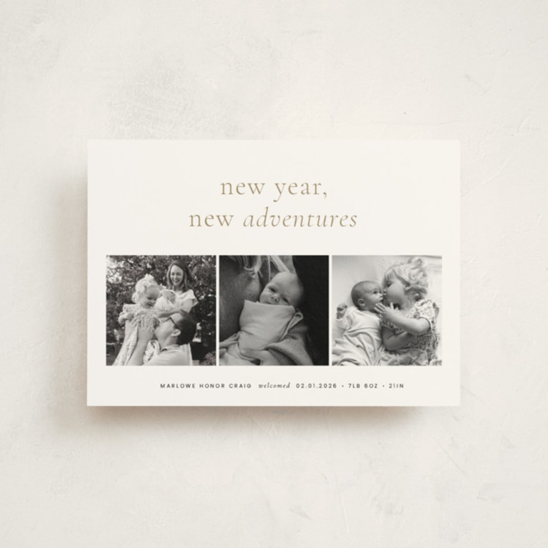 "Awaits" - Holiday Birth Announcement Cards in Ink by Blustery August - Front