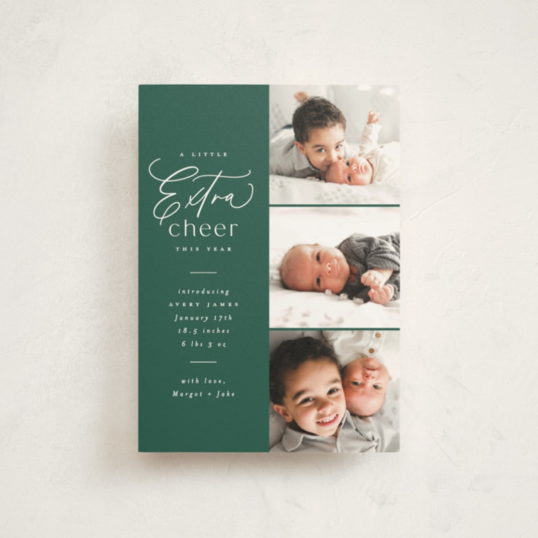 "Extra Cheer Here" - Holiday Birth Announcement Cards in Fir by Everett Paper Goods - Front