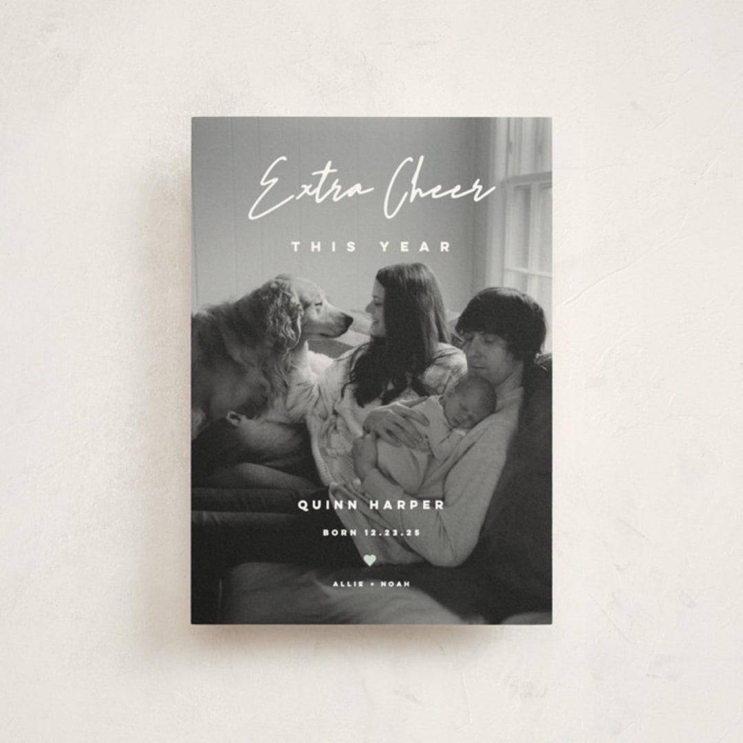 "Extra Cheer" - Holiday Birth Announcement Cards in Snow by fatfatin - Front