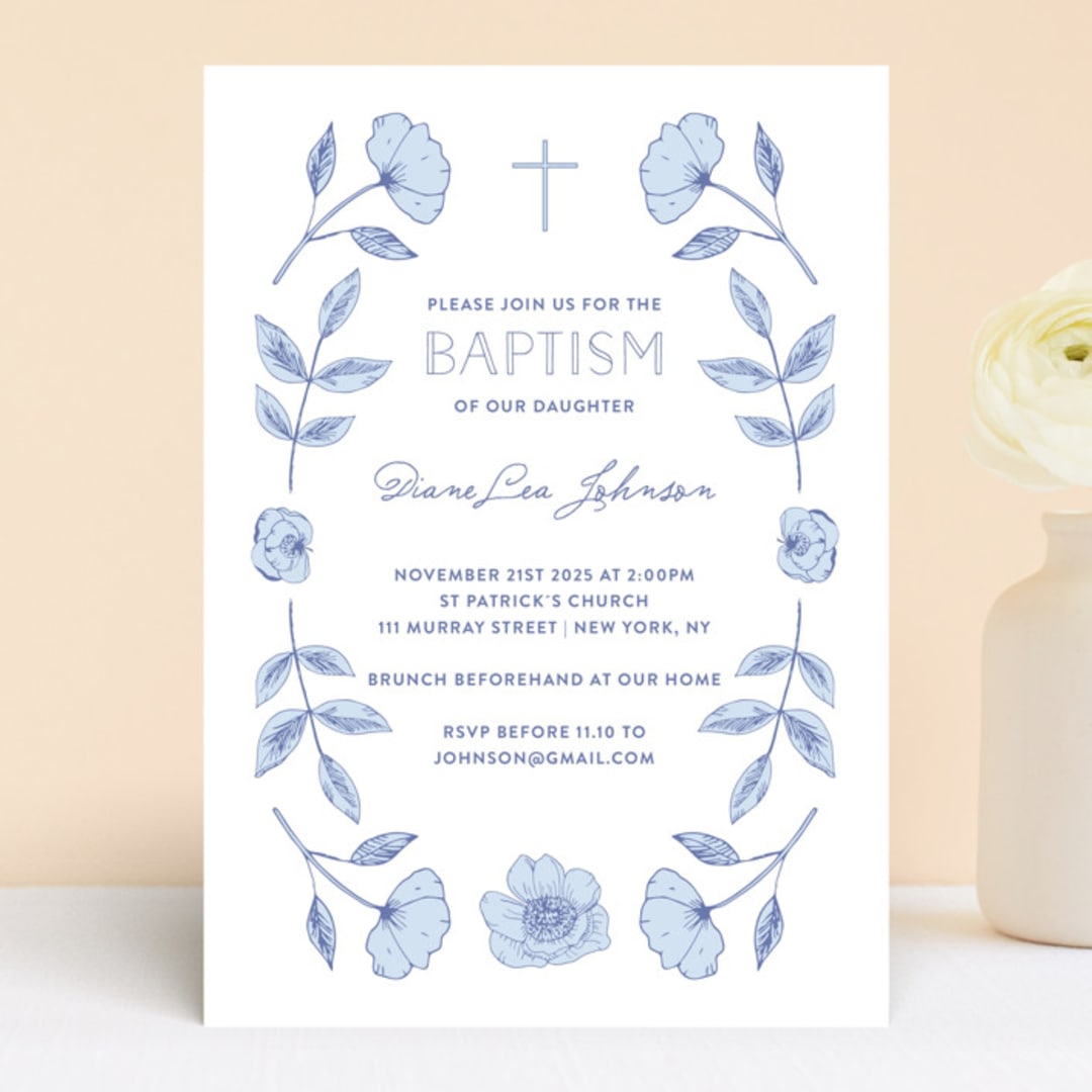 "Botanical Frame" - Baptism and Christening Invitations in Navy by Bonjour Paper - Front