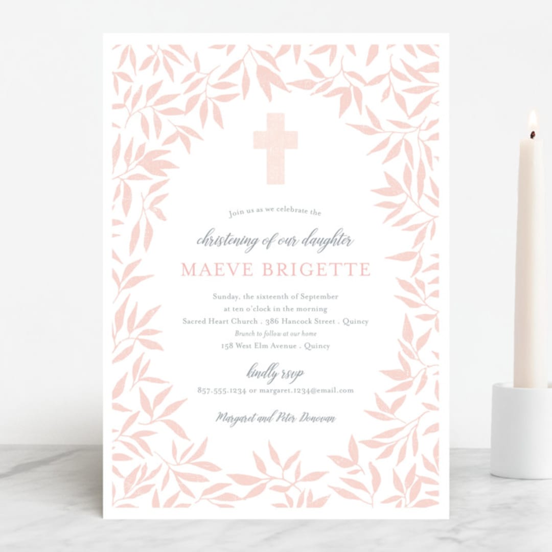 "Blessed Laurels" - Baptism and Christening Invitations in Blush by Paula Pecevich - Front