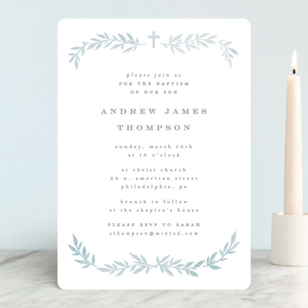 "Simple Foliage" - Baptism and Christening Invitations in Mist by Everett Paper Goods - Front