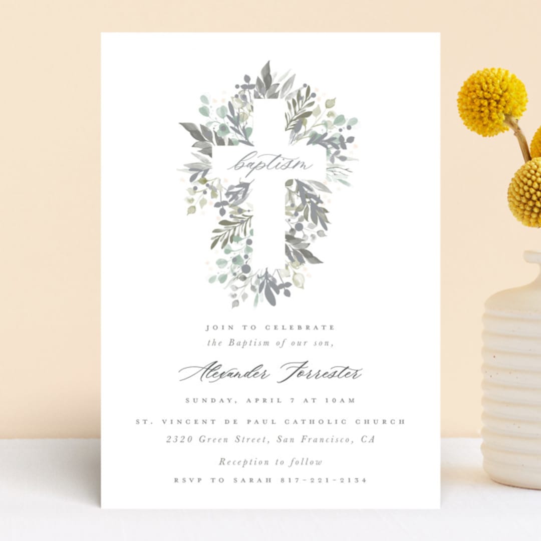 "Foliage Cross" - Baptism and Christening Invitations in Eucalyptus by Hudson meet Rose - Front