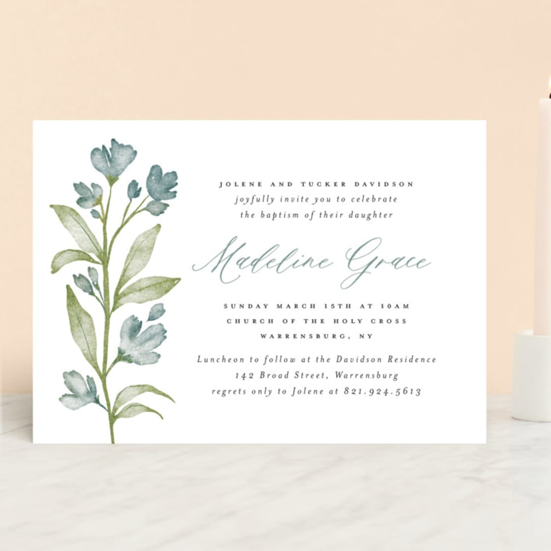 "Bloom" - Baptism and Christening Invitations in Bluebird by Heather Cairl - Front