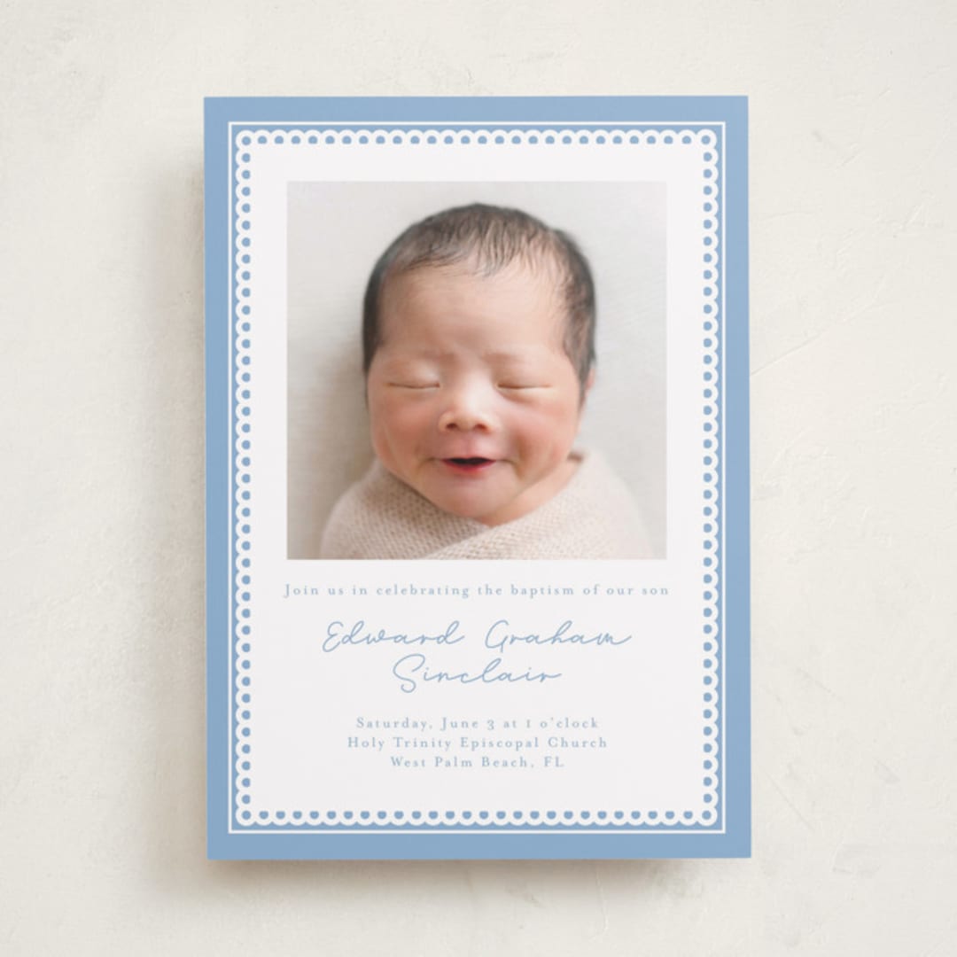 "Stitched Frame" - Baptism and Christening Invitations in Sky by Nicole Walsh - Front