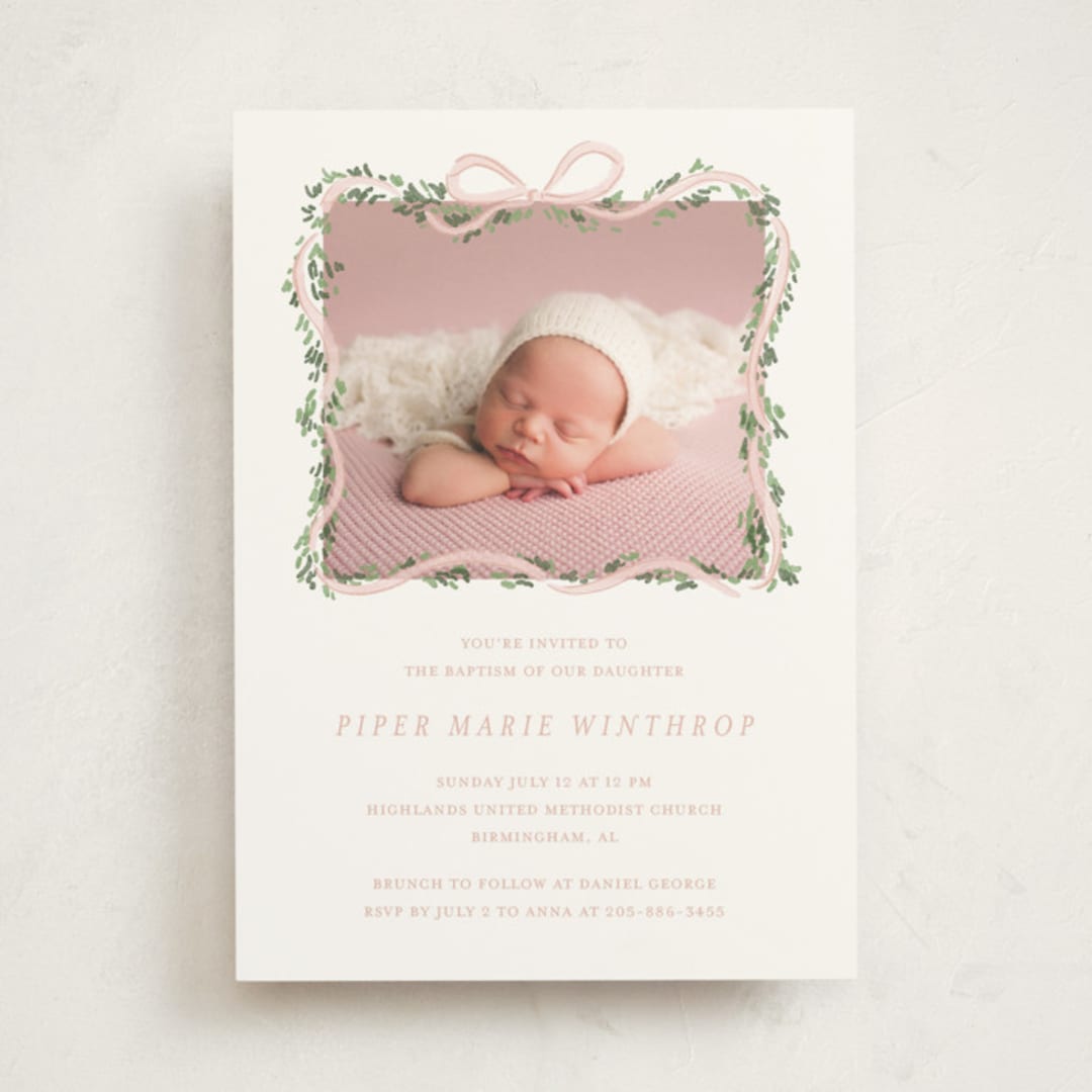 "Ribbonly Frame" - Baptism and Christening Invitations in Blush by Itsy Belle Studio - Front