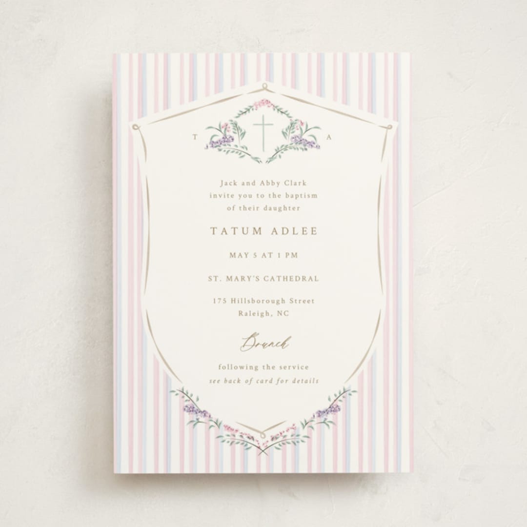 "Vintage Whimsy" - Baptism and Christening Invitations in Peony by Corinne Malesic - Front