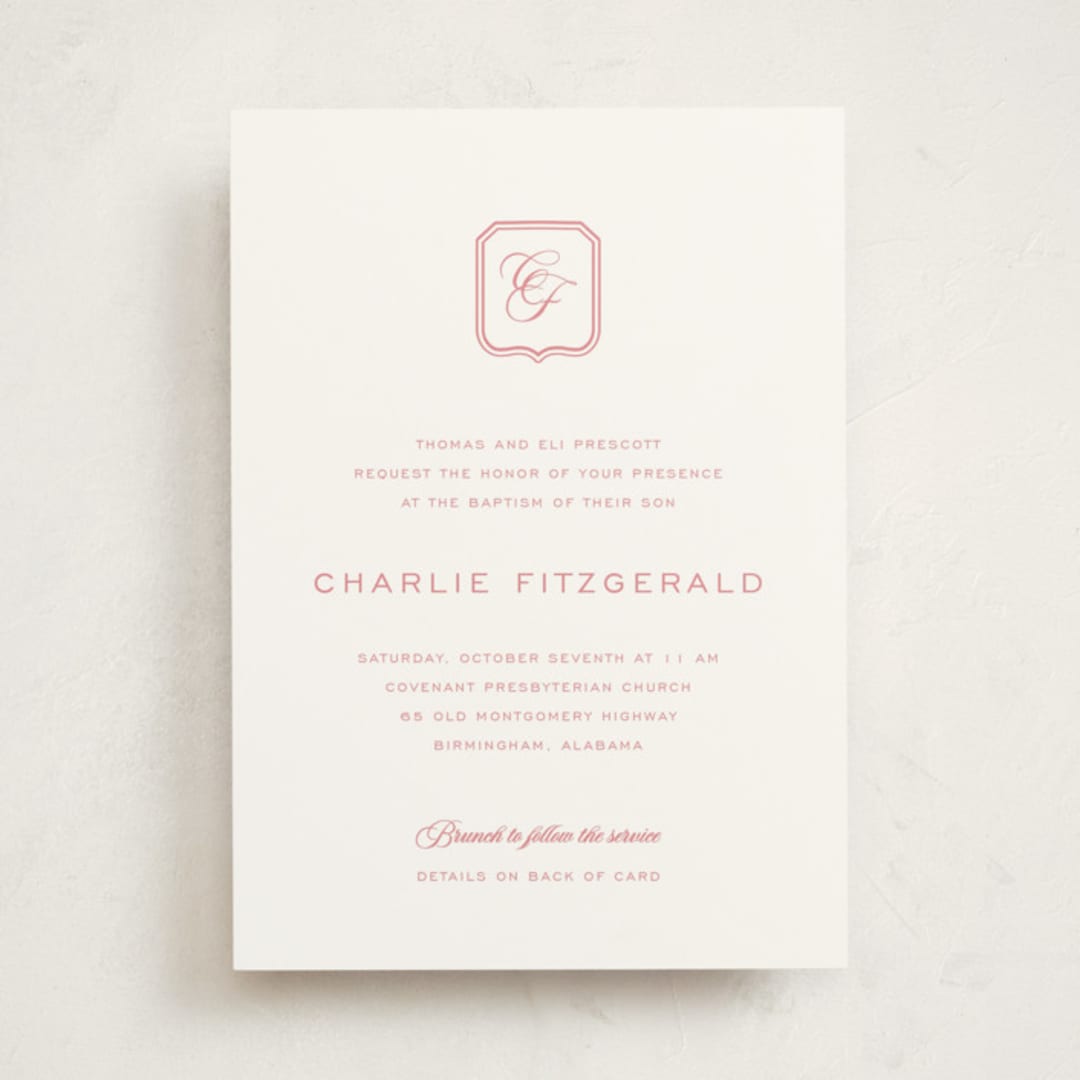 "Bowery" - Baptism and Christening Invitations in Rose by Megan Davis - Front