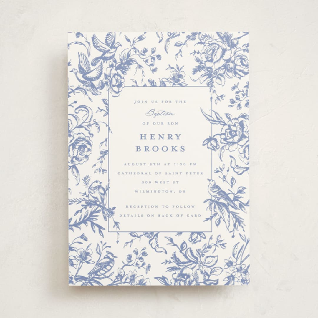 "Dreamy Toile" - Baptism and Christening Invitations in Blueberry by Teju Reval - Front