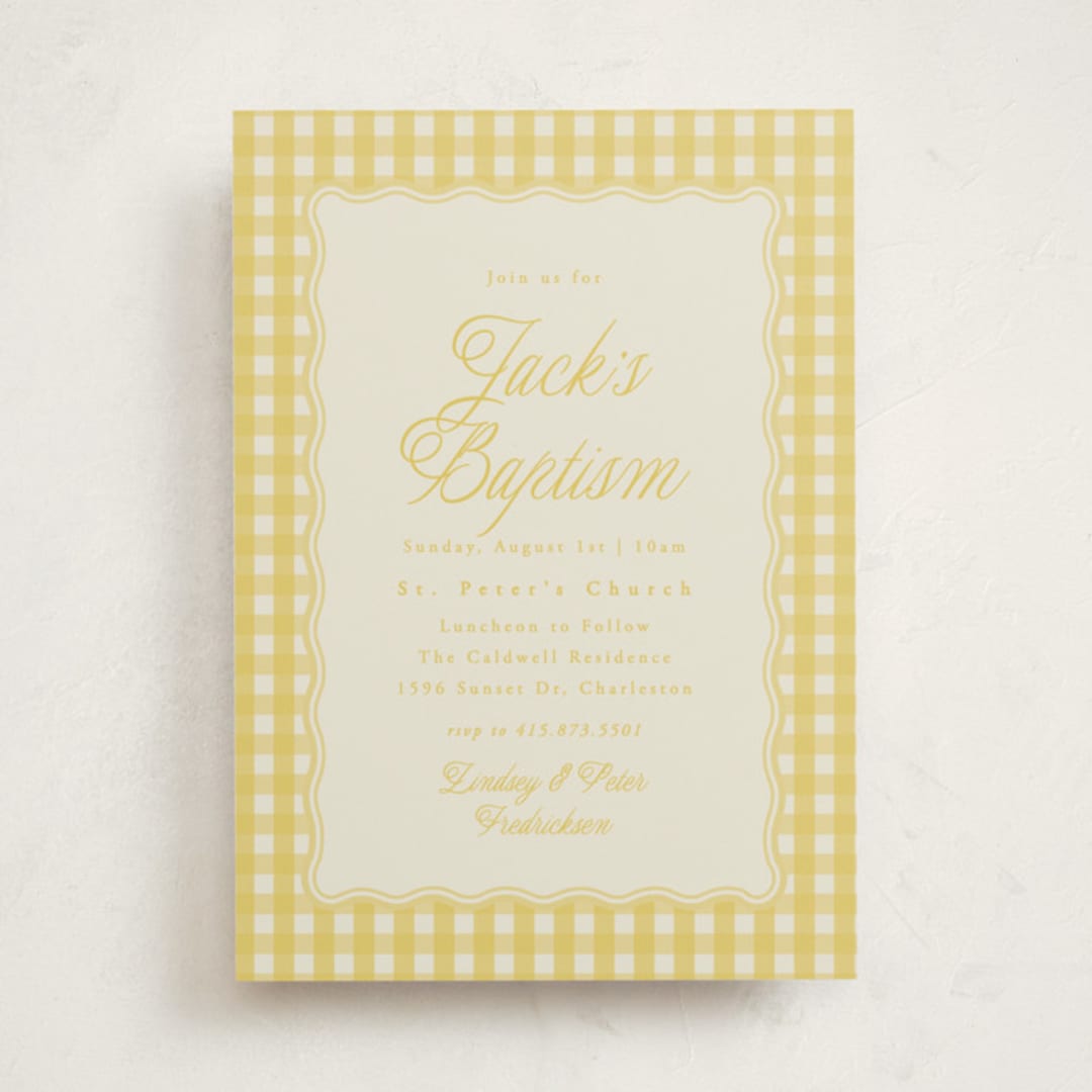 "Scalloped Gingham" - Baptism and Christening Invitations in Lemonade by Brianne Larsen - Front