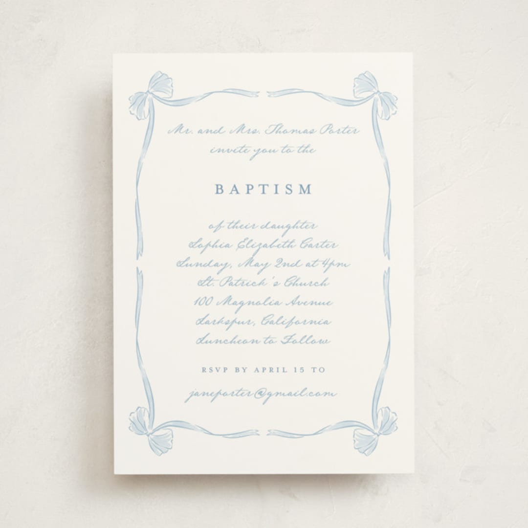 "Bow Frame" - Baptism and Christening Invitations in Lagoon by Leah Bisch - Front
