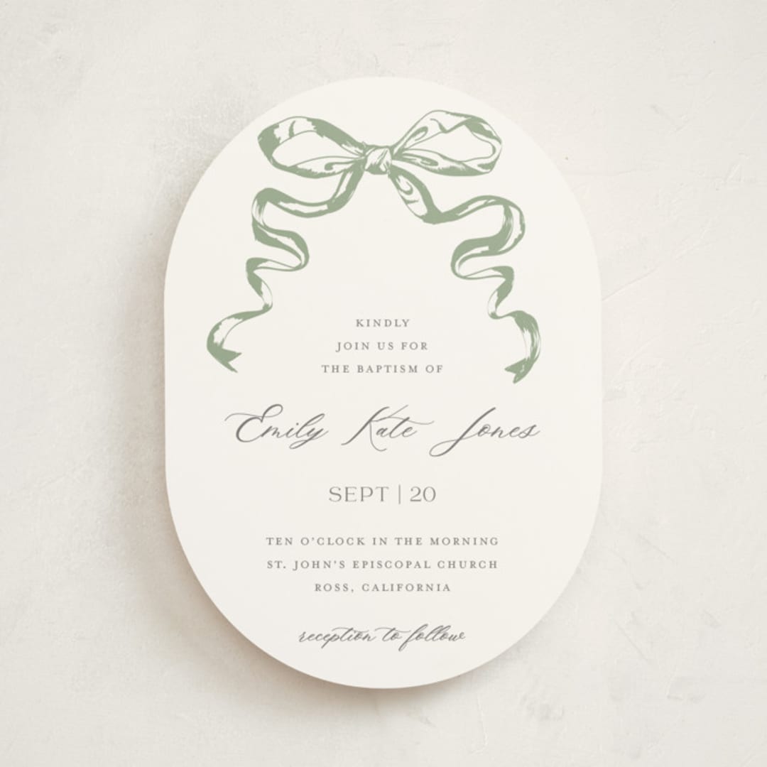 "Big Bow" - Baptism and Christening Invitations in Mint by Teju Reval - Front