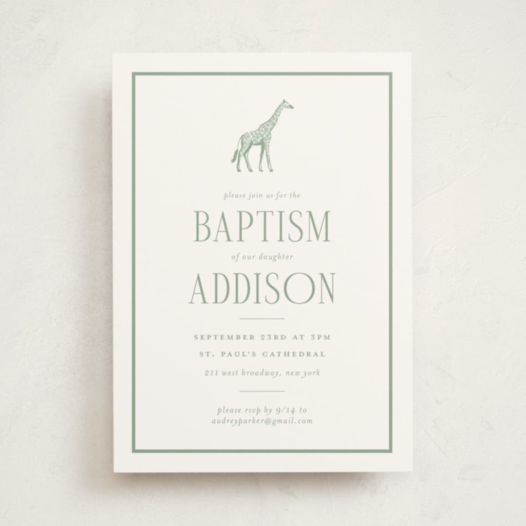 "Safari" - Baptism and Christening Invitations in Palm by Jenna Holcomb - Front