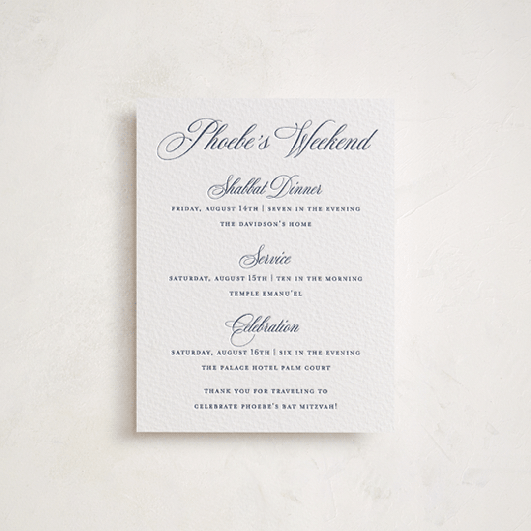 "Empire" - Letterpress Bar and Bat Mitzvah Direction Cards in Navy by Jennifer Postorino - Front