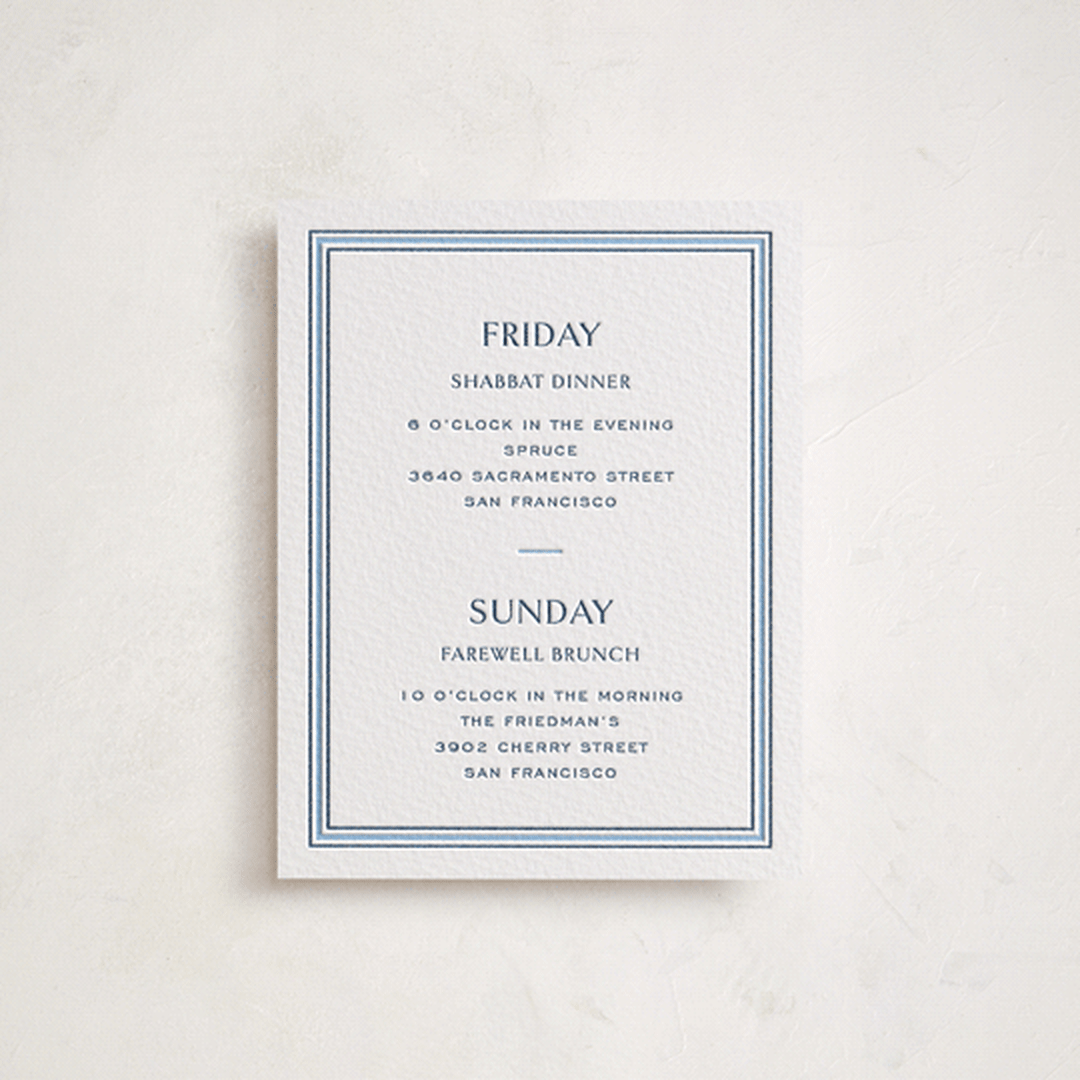 "Beaufort" - Letterpress Bar and Bat Mitzvah Direction Cards in Sky Blue by Megan Davis - Front