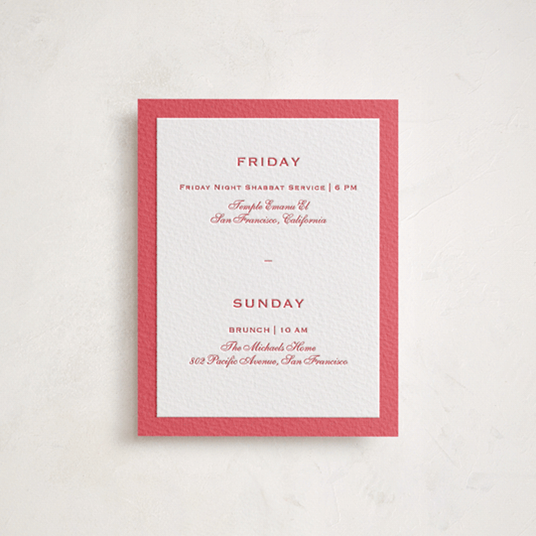 "Danbury" - Letterpress Bar and Bat Mitzvah Direction Cards in Cherry by Megan Davis - Front