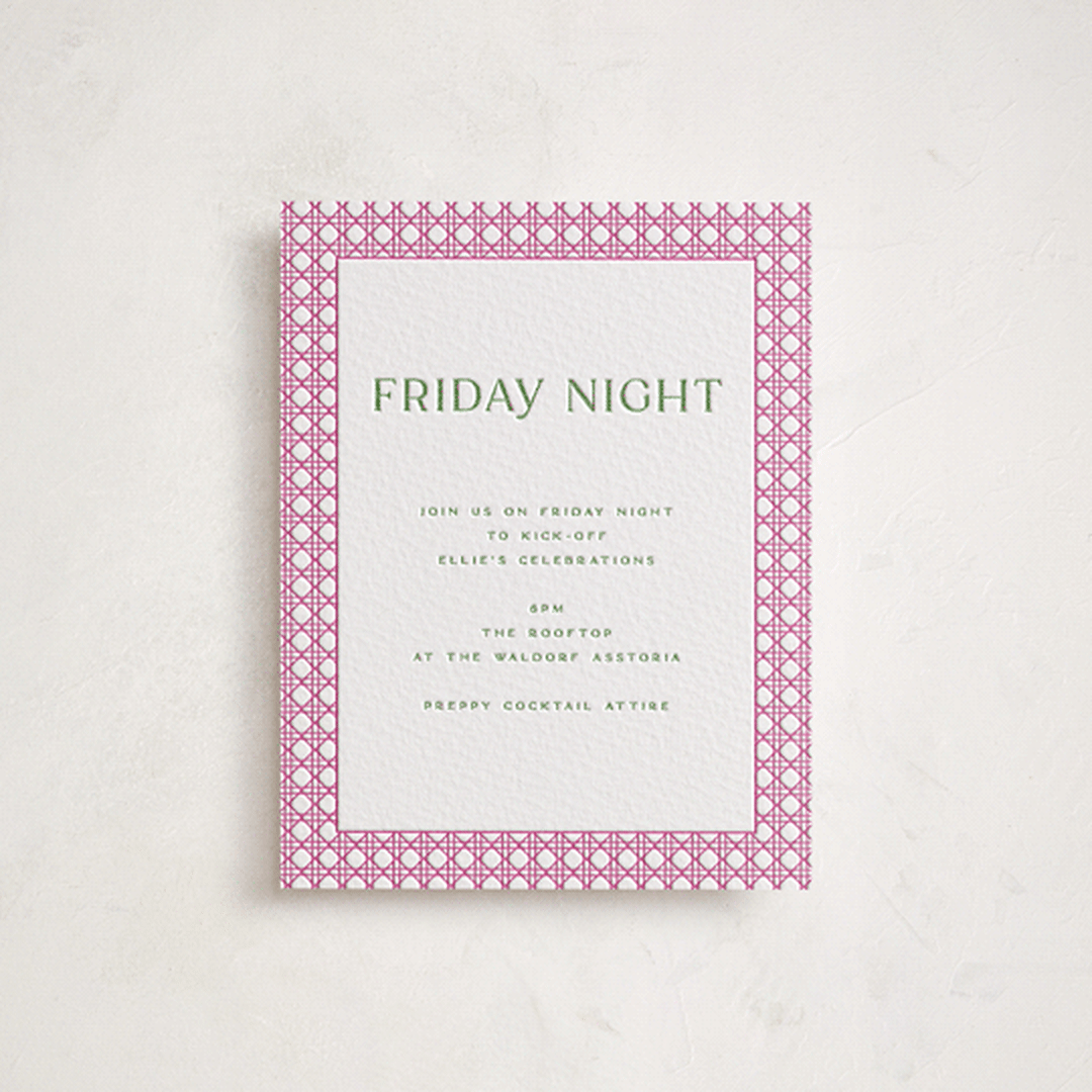 "delicate rattan" - Letterpress Bar and Bat Mitzvah Direction Cards in Neon Pink by Ellen Schlegelmilch - Front