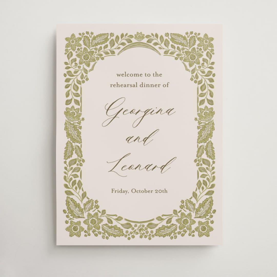 "Embroidered" - Wedding Party Signs in Chartreuse by Jen Owens - Front