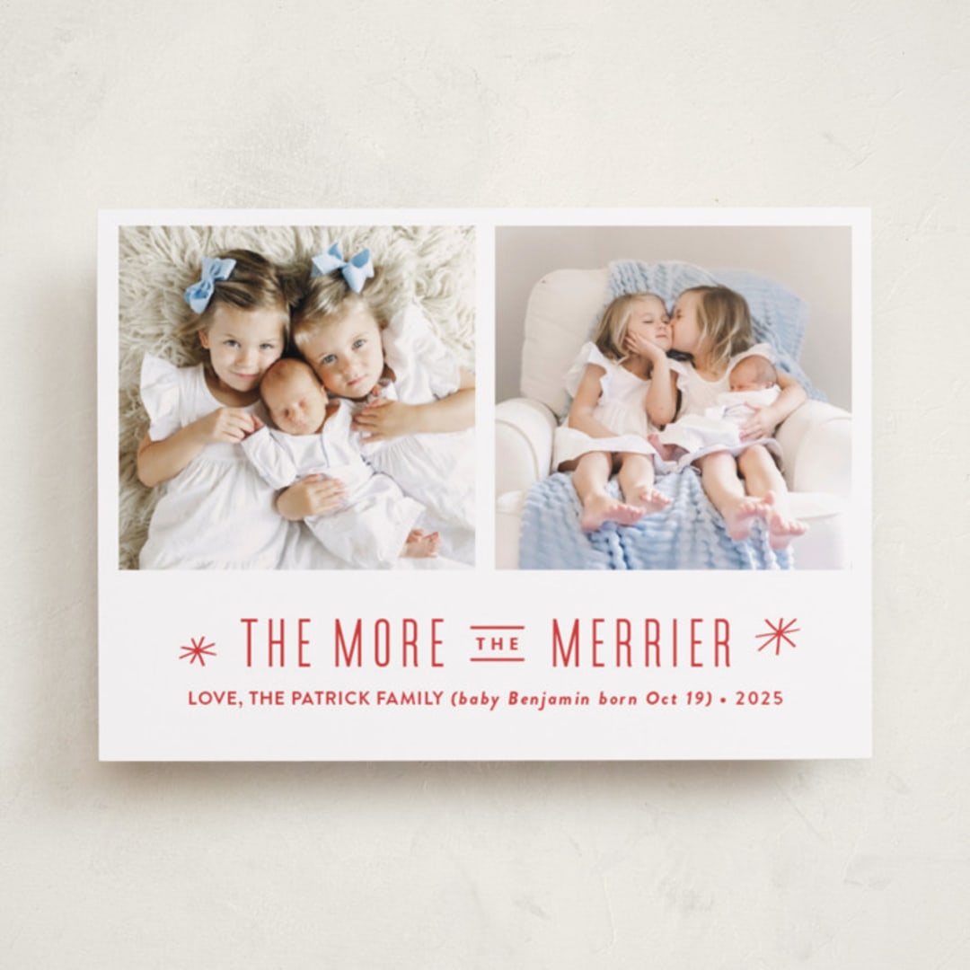 "The More, the Merrier" - Holiday Birth Announcement Cards in Snowflake by Carolyn MacLaren - Front