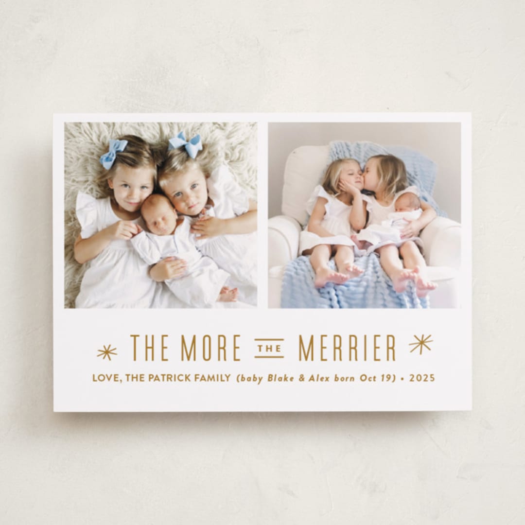 "The More, the Merrier" - Holiday Birth Announcement Cards in Golden by Carolyn MacLaren - Front