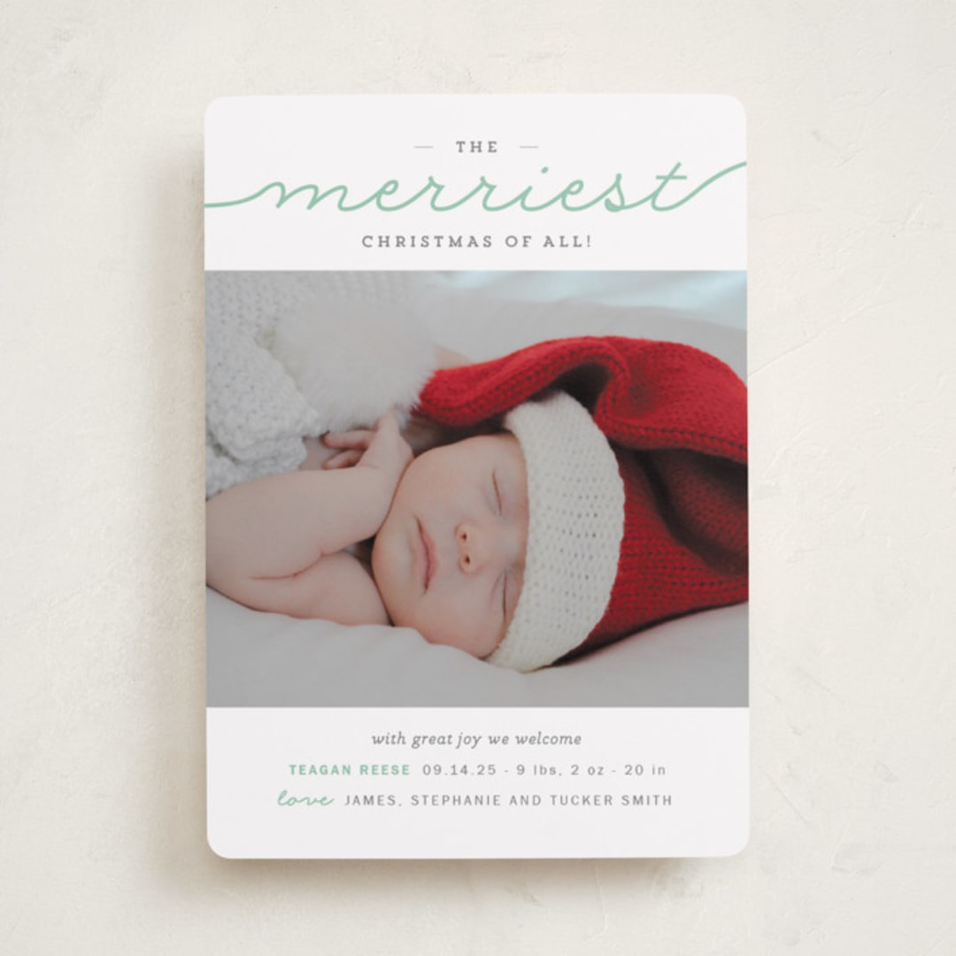 "The Merriest Christmas Of All" - Holiday Birth Announcement Cards in Deep Mint by Sara Hicks Malone - Front