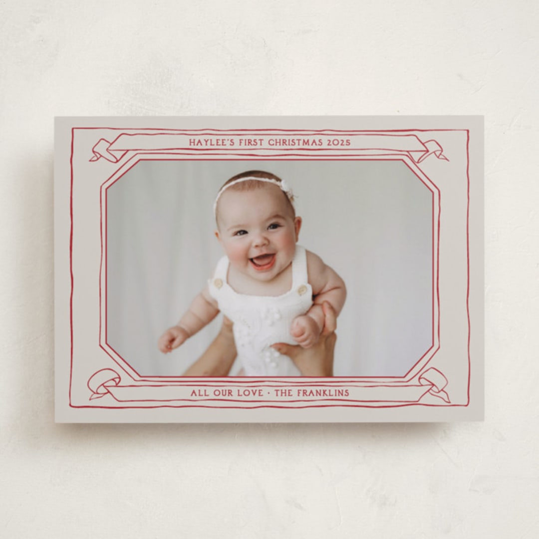 "Scroll" - Holiday Birth Announcement Cards in Berry by Inkblot Design - Front