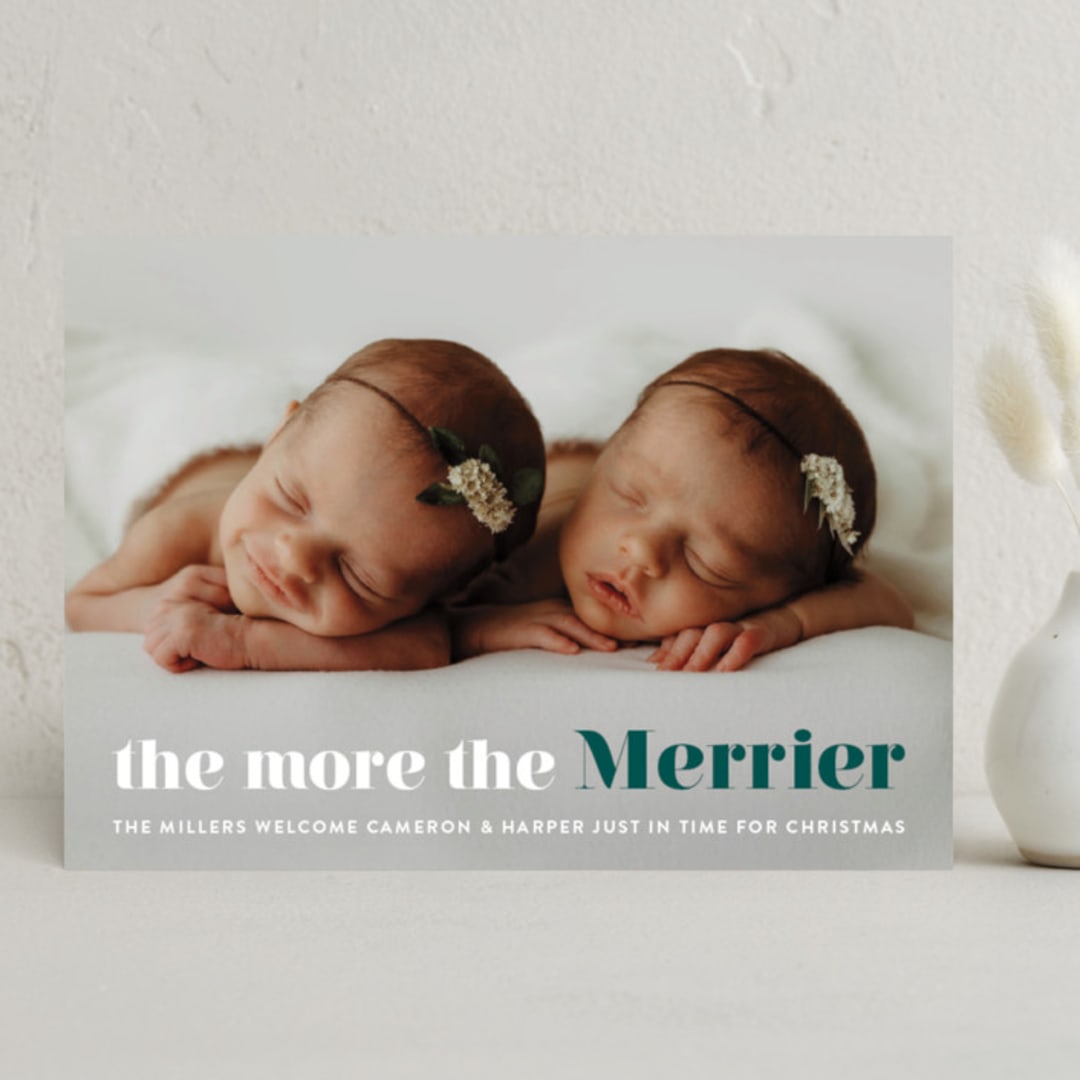 "a merry addition" - Holiday Birth Announcement Cards in Spruce by Liz Conley - Front