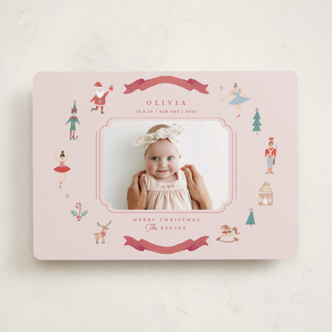 "Festive Dreams" - Holiday Birth Announcement Cards in Candy Cane by Teju Reval - Front